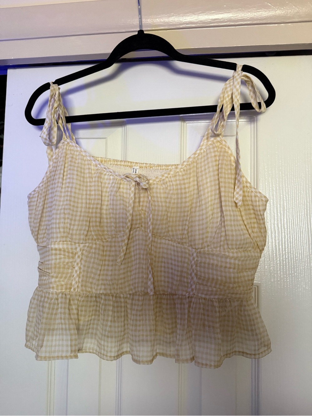 AE Delicate Beige Gingham Tie-Shoulder Peplum Tank Top